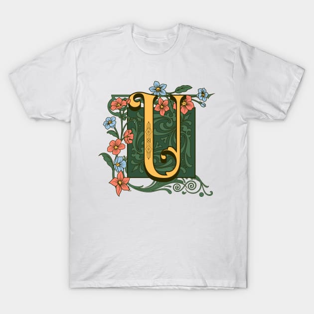 Art Nouveau Letter U, Ornamental Letter U, Art Deco T-Shirt by Promen Art